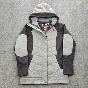 FXR Racing Jacket Womens XS‎ Gray Black Hooded Quilted Insulated Snowmobile